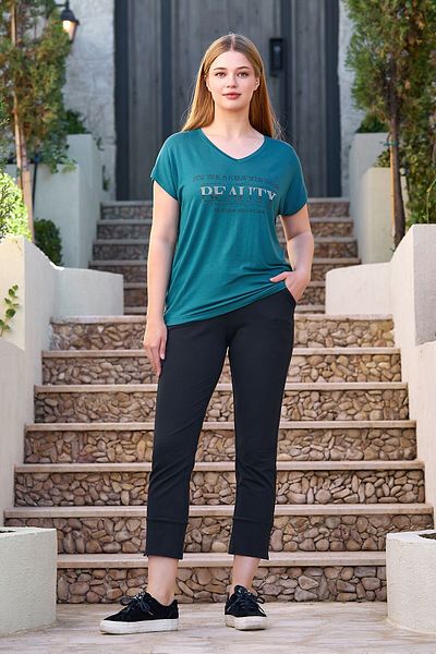 Cossy By Aqua 25822 Women's Turquoise-Navy Blue Short Sleeve Plus Size Cotton Sports 2-Piece Set