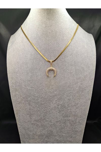 Han Ticarethane Gold Color Stone Horn Model Steel Necklace