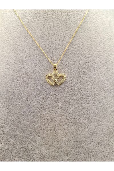 Han Ticarethane Gold Color Stone Nested Double Heart Model Steel Necklace