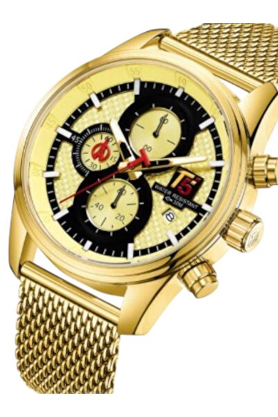 T5 Saat T5 Altın Renk Erkek Kol Saati – Takvimli, Kronograf Görünümlü, Hasır Kordonlu Şık Tasarım