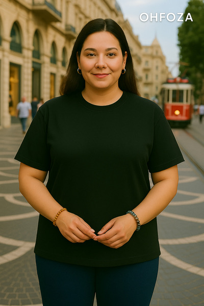 OHFOZA Kadın Büyük Beden Oversize Düz Siyah T-Shirt