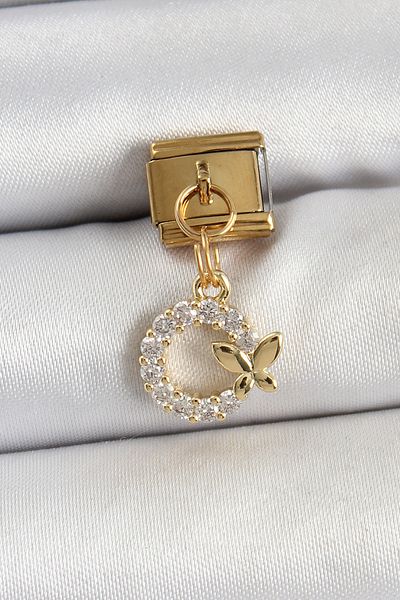 AfraBeauty 316L Steel Gold Butterfly Zircon Stone Dangle Ring Charm – Nomination Compatible