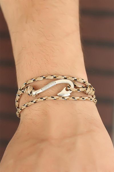 merland benvecocuk Cream Color Stripe Patterned Metal Hooked Men's Bracelet - Lisinya