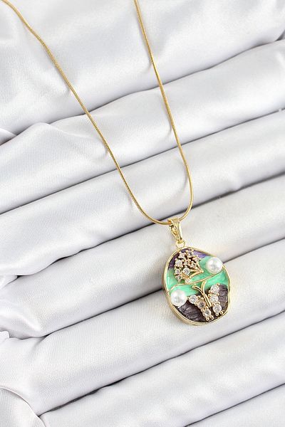 BESKAR 316L Steel Chain Zircon Stone Green Purple Artistic Portrait Pearl Detailed Tree and Butterfly Figured m