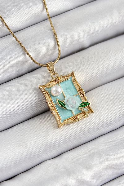 BESKAR 316L Steel Chain Turquoise Artistic Portrait Pearl Detailed Rose Figured Model Gold Color Women's Necklace