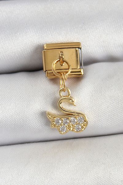 SeyCey.co 316L Steel Dangle Zircon Stone Swanmodel Gold Color Nomination Charm