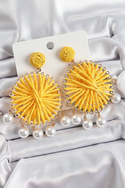 SeyCey.co Yellow Straw Knitted Spiral Model Gold Color Women's Earrings with Hanging Pearl Detail
