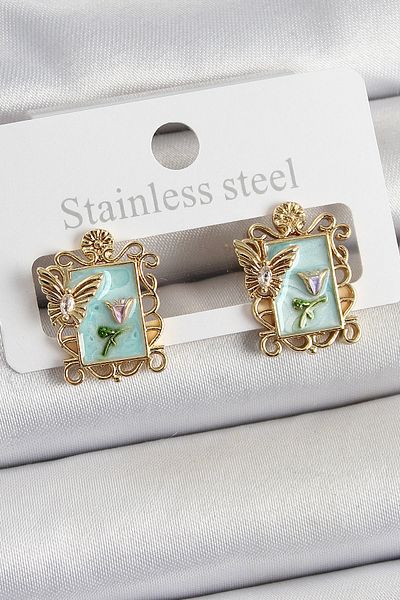 SeyCey.co Brass Green Enamel Artistic Portrait Model Gold Color Women's Earrings