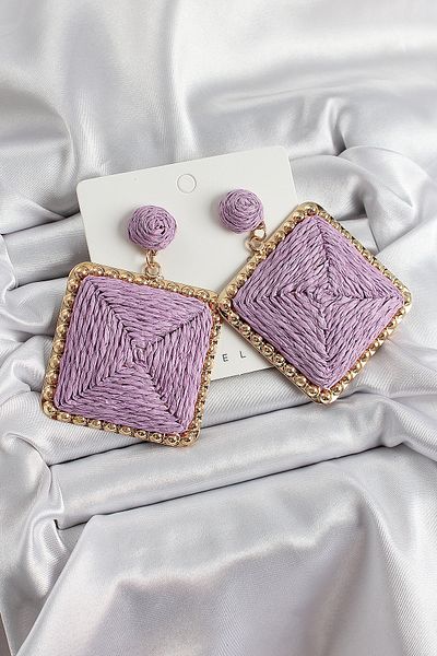 SeyCey.co Purple Square Figured Straw Knitted Model Gold Color Women's Earrings