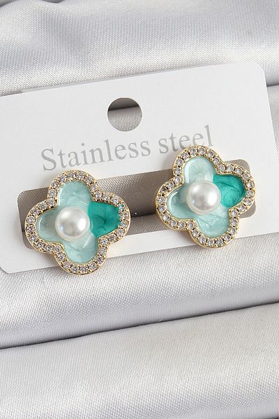 SeyCey.co Brass Green Enamel Pearl Detailed Zircon Stone Artistic Portrait Clover Model Gold Color Women's Earrings