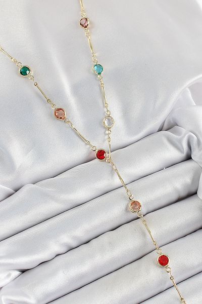 BESKAR Brass Assortment Model Gold Color Zircon Stone Y Necklace