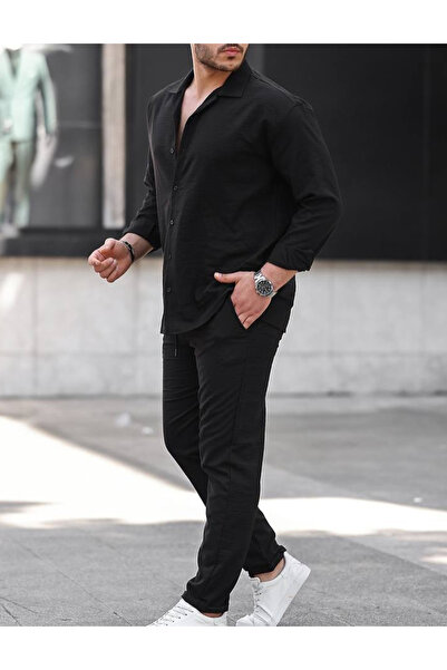 blucombin 2'li Alt Üst Keten Gold Takım Yazlık Gömlek ve Pantolon