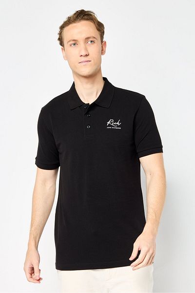 John Richmond Men Regular Fit Brand Logo Short Sleeves Polo Shirt, Black