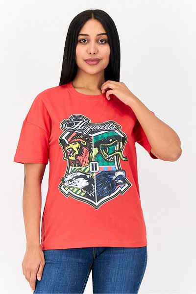 Harry Potter Women Crew Neck Short Sleeves Graphic Print T-Shirt, Red