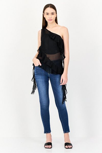 Cropp Women Asymmetrical Neck Sleeveless Frill Detail Top, Black
