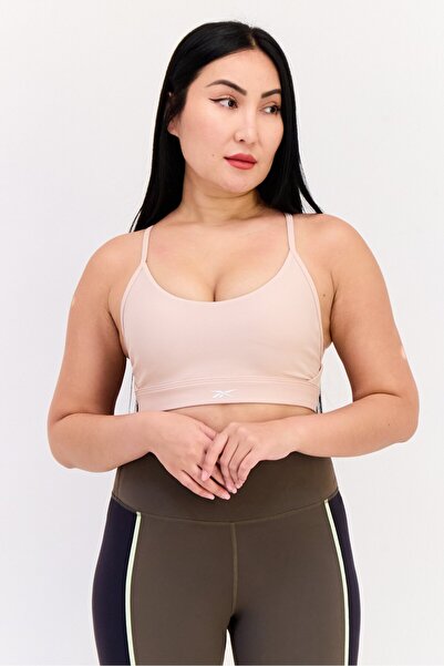 Reebok Women Brand Logo Lightly Padded Sports Bra, Beige