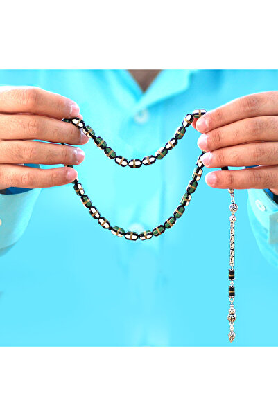 Tesbihane Ασημένιο 925 κοσμήματα Kuka Tasbih, με αλυσίδα King Chain, με φούντες, πράσινο και λευκό, με επένδυση από ορείχαλκο, κομμένο σε κυλινδρικό σχήμα