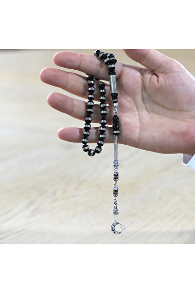 Tesbihane Μεταλλικός κύλινδρος με φούντα αστερίας και φεγγαριού, μη μαύρος, με μεταλλικό κορδόνι, κομμένο μαύρο κουκά, ροζάριο