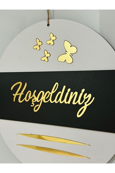 Pey Aksesuar Welcome Written Butterfly Detailed Mirrored Plexi Wooden Door Ornament Decorative