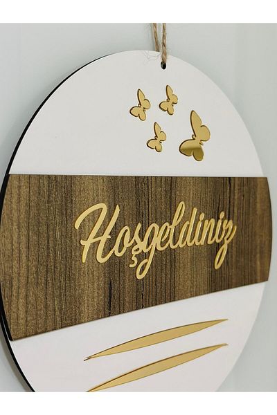 Pey Aksesuar Welcome Written Butterfly Detailed Mirrored Plexi Wooden Door Ornament Decorative