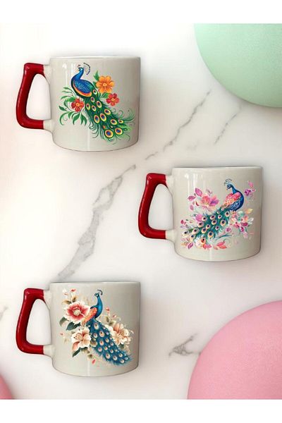lili hediyelik Peacock and Flower Printed Red Handled 3-Piece Mug Cup Ceramic Coffee Cup