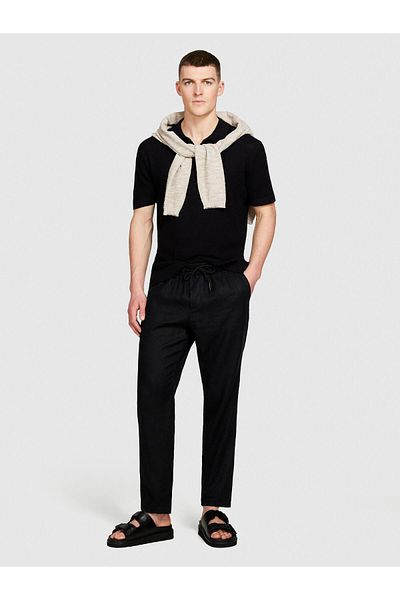 Sisley 100% Linen Waist Drawstring Slim Confort Fit Pants Men's Black Trousers - 324P4Aghsf043