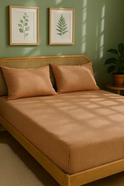 MundoLindo Double Size Gingham Elastic Sheet Set 3 Pieces 100% Natural Cotton