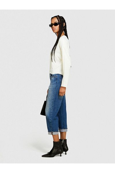 Sisley Stretch Cotton High Waist Curled Leg Denim Trousers Women Black Mix Pants - 324P47Df575O7
