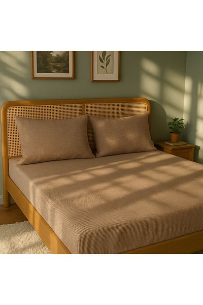 MundoLindo Double Size Gingham Elastic Sheet Set 3 Pieces 100% Natural Cotton