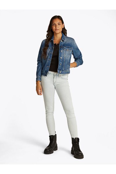 Tommy Hilfiger Women Denim Medium Blue Back Crest Embroidery Denim Trucker Jacket
