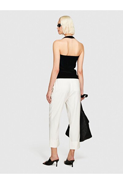 Sisley Viskoz Karışımlı Yanları Elastik Bel Bantlı Çizgili Pantolon Kadın Siy...