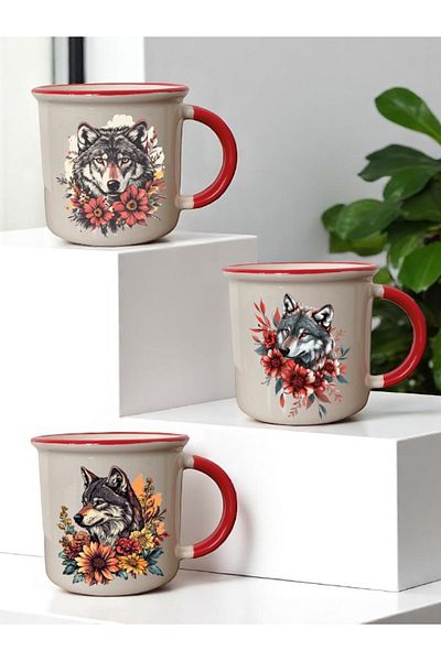 lili hediyelik Wolf and Flower Printed Red Mouth 3-Piece Ceramic Mug