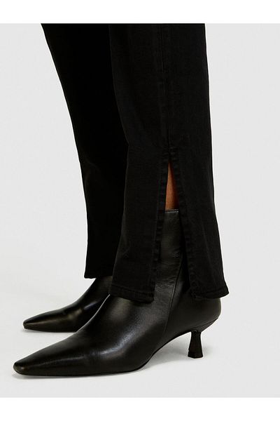 Sisley Stretch Cotton Waistband Hollowed-Out Legs Split Pants Women's Black Pants - 324P4Ungle037