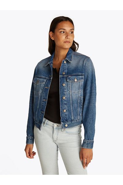 Tommy Hilfiger Women Denim Medium Blue Back Crest Embroidery Denim Trucker Jacket