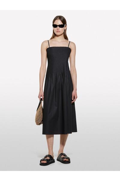 Sisley 100% Cotton Pleated Straight Neckline Strap Poplin Dress Women Black Dress - 325P4Xuclv076