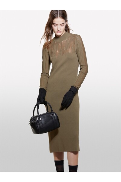 Sisley Viscose Blended Slim Fit Long Sleeve Plain Knit Dress Women Khaki Dress - 324A1Mnpmv00S