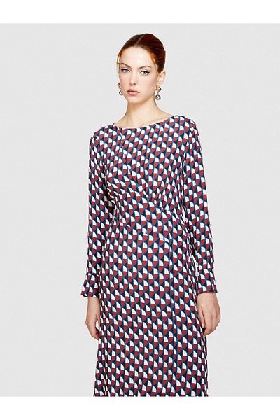 Sisley 100% Viscose All-Over Pattern Stand Collar Long Sleeve Dress Women Blue Dress - 324P4Uvwlv05F