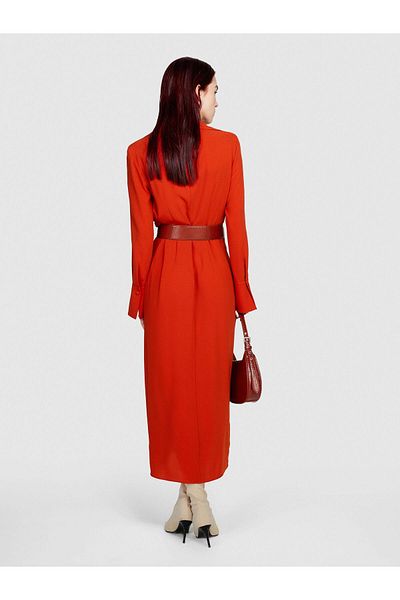 Sisley Long Sleeve Gathered Waist Shirt V Neck Wrap Dress Women Orange Dress - 323A4Lthlv049