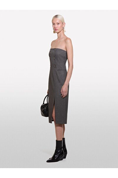 Sisley Strapless Collar Gray Midi Women's Dress 4Opdlv06L