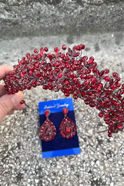 Hobigram Amelia Burgundy Bridal Henna Crown Special Day Accessory Women's Crown and Drop Shuttle Earring Set
