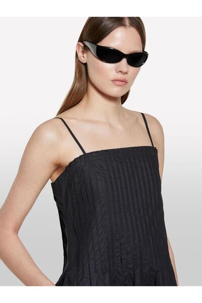 Sisley 100% Cotton Pleated Straight Neckline Strap Poplin Dress Women Black Dress - 325P4Xuclv076