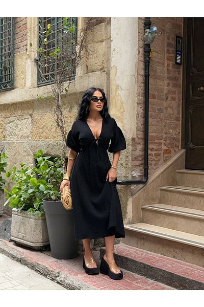 Stil Sepeti Rochie midi neagră pentru femei, cu decolteu în V, din muselină, cu talie elastică, cu mâneci balon Ru-10003008