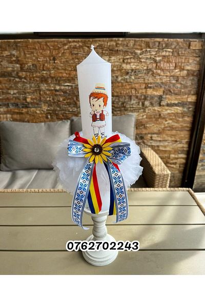 Botez Lumanare pentru botez, traditional baietel, alb, tulle, 35x6 cm