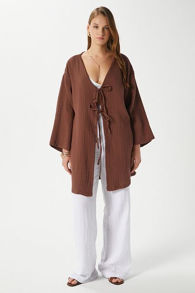 Ritnice Women's Sandra 100% Cotton Muslin Lace-Up Brown Kimono