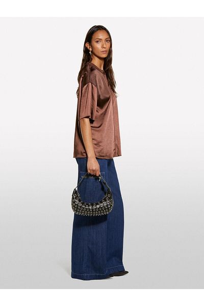 Sisley تي شيرت من الساتان بياقة مخططة للنساء تي شيرت بني - 325P5KANLQ08L