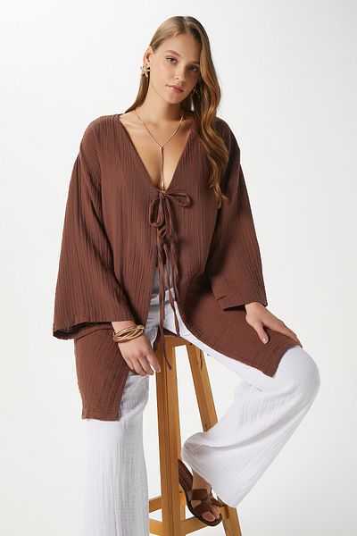 Ritnice Women's Sandra 100% Cotton Muslin Lace-Up Brown Kimono