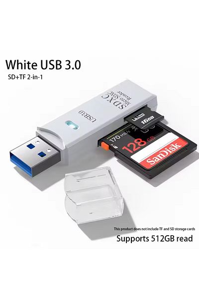 Choice قارئ بطاقات USB 3.0 أبيض 2 في 1، قارئ بطاقات Micro SD، محول USB، قارئ بطاقات عالي السرعة، ذاكرة TF