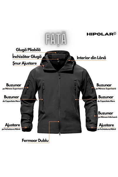 Hipolar Jachetă de toamnă-iarnă, softshell cu interior din fleece, neagră, impermeabilă și rezistentă la vânt, mărimea XL