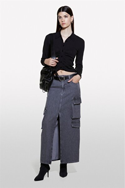 Sisley 100% Cotton Long Skirt with Slit Pocket Detail on the Front Women's Black Skirt - 324A4Agwl0025