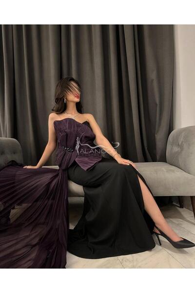 ALANOOD FASHION فستان سهرة امل الانصاري بقماش باربي اسود وشانتون موف بفينوكة فخمة